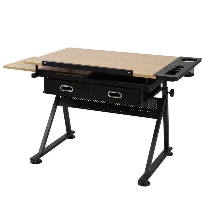miadomodo® table à dessin - inclinable, hauteur réglable, avec tabouret, 2 tiroirs, structure en acier - bureau à dessin, architecte