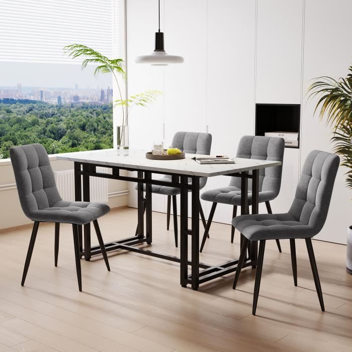 MODERNLUXE Ensemble table et 4 chaises - table noire 120x70cm - structure en métal - chaise en lin gris MODERNLUXE Ensemble table et 4 chaises - table noire 120x70cm - structure en métal - chaise en lin gris