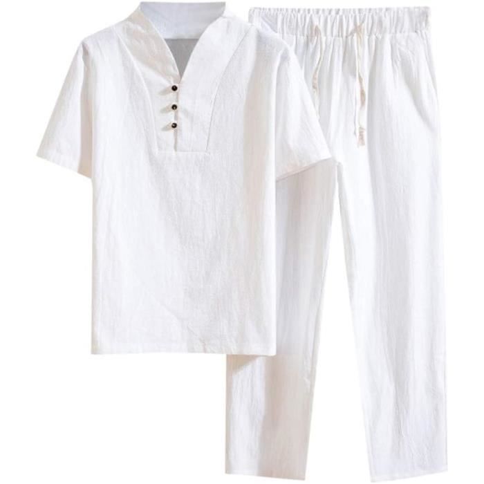Ensemble 2 Pièces Homme Oanviso - T-Shirt Col V & Pantalon Léger - Style Décontracté Été - Coton Lin - Plage, Loisirs