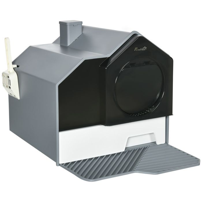Meilleurs prix pour Maison de toilette chat design maison - bac à litière - tapis, poignée, pelle, filtre, tiroir inclus - PP blanc noir gris