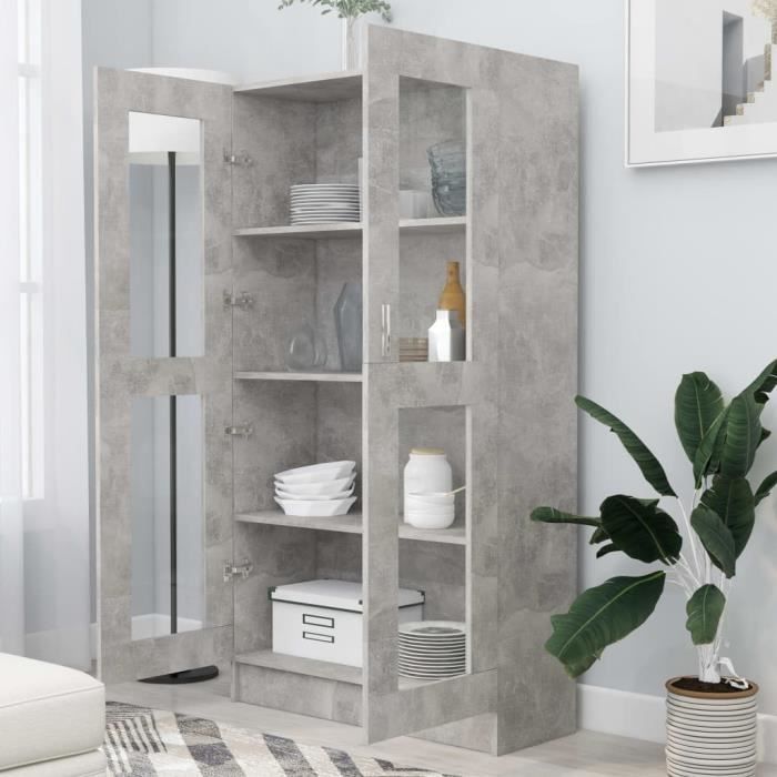Bibliothèque en Aggloméré - RILLBUS - Armoire à vitrine - 82.5 x 30.5 x 150 cm - Gris béton