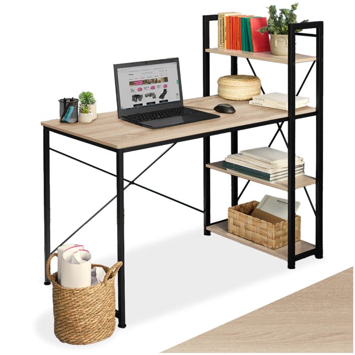 Bureau - TECTAKE - Table de bureau HERSHEY au style industriel avec 3 compartiments bois et acier 122 x 61 x 120 cm - Marron clair