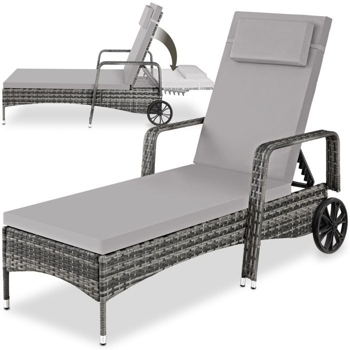 Bain de soleil - TECTAKE - Bain de soleil rotin KALAMATA à roulettes coussin dossier réglable 200 x 70 x 33 cm - Gris/Gris clair