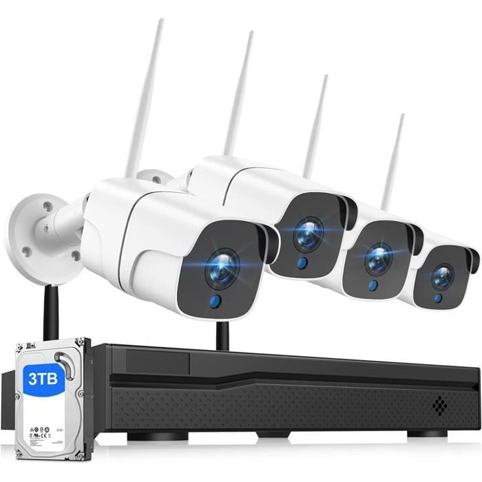 TOGUARD kit caméras de surveillance WLAN, 8CH vidéosurveillance et 4 1080p caméras sécurité extérieures sans fil avec 3T disque dur