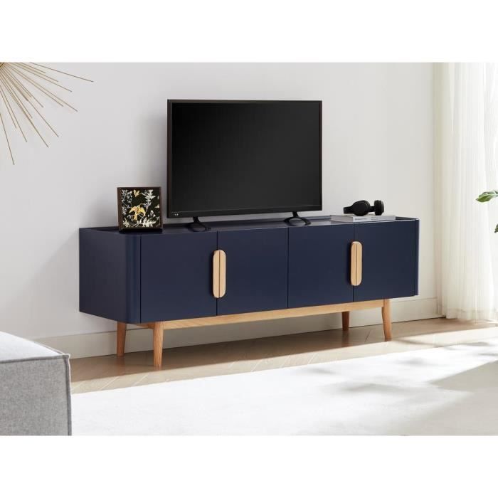 meuble tv en mdf et bois d'hévéa - bleu et naturel clair - dunelon