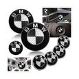 KIT 7 Badge LOGO Embleme BMW Carbone Noir Gris Capot + Coffre 82mm +Volant + 4 centre de roue -1