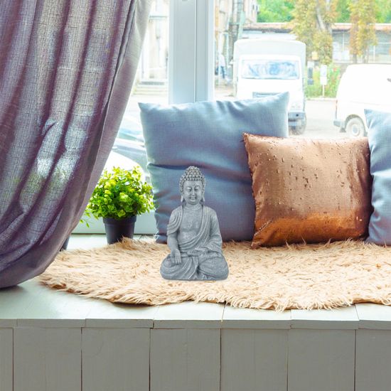 Statue Bouddha Assis Relaxdays 30cm - Déco Jardin Ou Intérieur - Polyrésine Résistante - Gris Clair