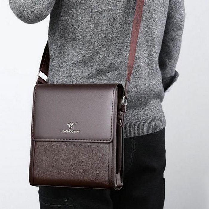 Sacoche homme bandouliere cuir PU Rigide l gant Business pour Contenir Livres iPad Marron