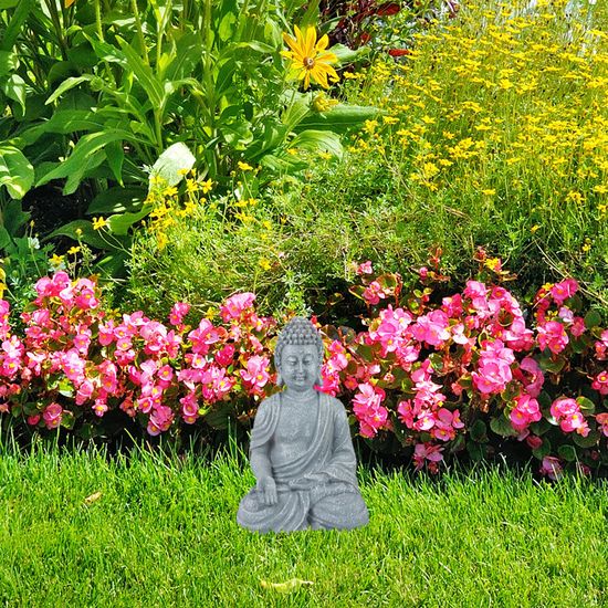 Statue Bouddha Assis 30 Cm - Déco Feng Shui Gris Clair - Polyrésine Résistante Intérieur/Extérieur - Relaxation & Zen