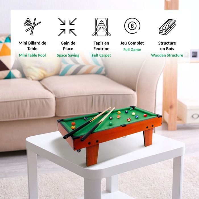 Mini table de billard compacte tapis feutrine verte 16 boules 2 queues