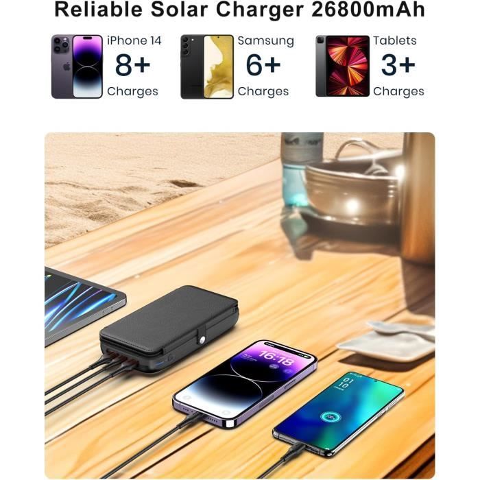 Batterie Externe Solaire 30000Mah Chargeur Solaire 4 Sorties Usb Et