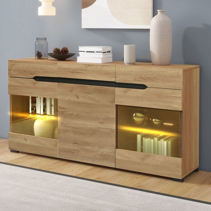 Buffet Rangement Style Rétro Avec Rotin Et Poignées Dorées – 120x40x85 Cm, 3 Tiroirs, 2 Portes, étagères Réglables (Noyer) - 7