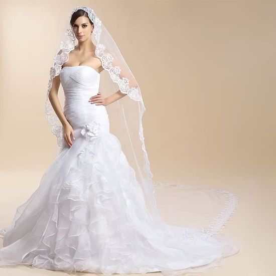 Voile De Mariée Court à Une Couche - Bordure Dentelle - Blanc - Tulle Polyester - Accessoire Mariage Classique Et élégant