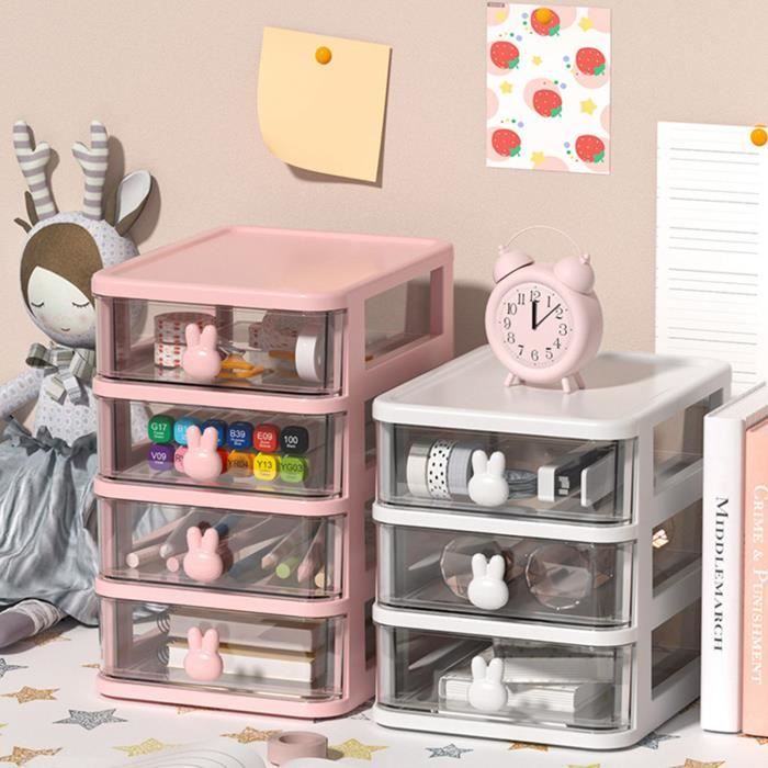 2 Boîtes Rangement Tiroirs Transparents 9 Cases - Organisateur Bureau, Cosmétiques, Outils - Plastique HIPS - Blanc/rose