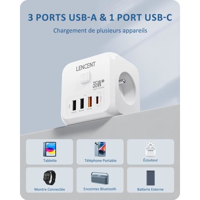 Prise Usb Multiple, Multiprise Murale Cube 4 Prises Avec 3 Usb Secteur