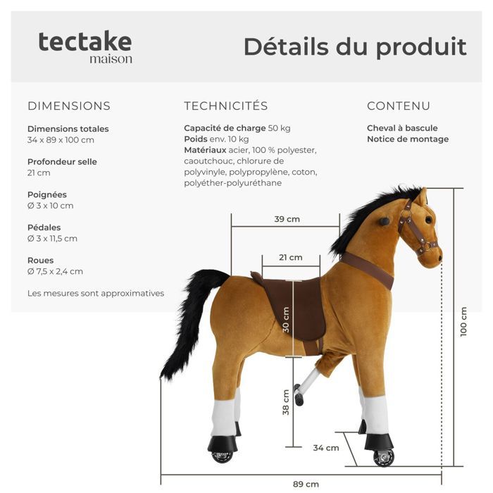 AIYAPLAY – Cheval à Bascule En Peluche Sur Roulettes – 72x32x80 Cm – Selle Et Harnais – 3-5 Ans – 25 Kg
