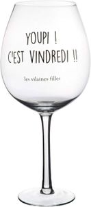 Verre à vin Verre à vin XL Carafe Verre à Pied géant 75cl Youpi C'est vindredi Transparent et noir Verre D12 x H25,5 cm.[Z64]