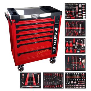 Servante d'atelier Kraft Muller KM-7/6 XXL EDITION 275 outils, clé Dynamo,  7 tiroirs, 1 porte latérale, Finition Black Satin/Red
