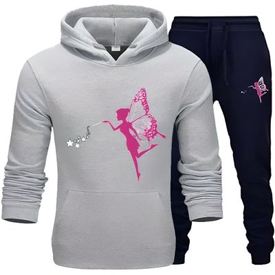 Jogging gris chiné et rose imprimé feuillage enfant fille