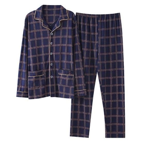 Pyjama Homme Hiver Crewhpo 2 Pièces Coton Chaud – Ensemble Col V Carreaux Boutons, Manches Longues Confortable, S à XXL