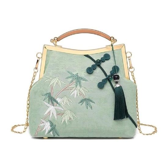 Sac à Main Soirée Brodé Doré Avec Chaîne Perles - Petit Clutch Floral Vintage