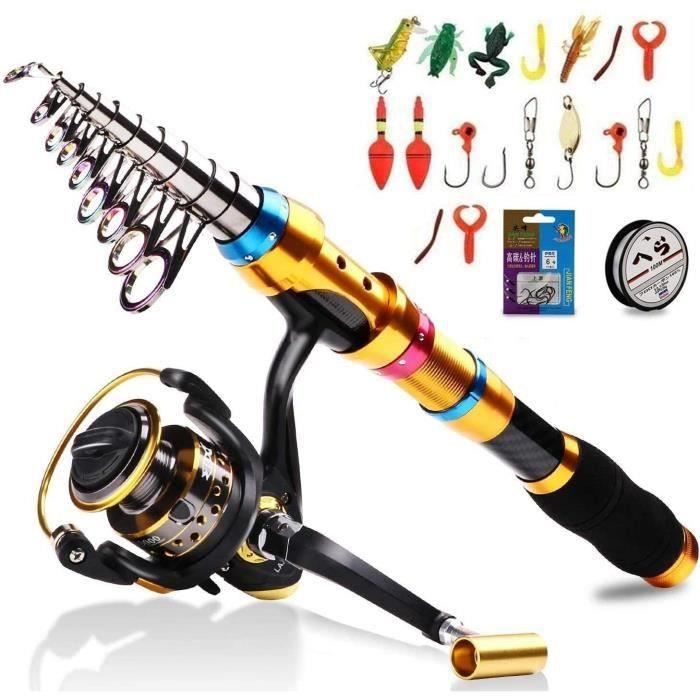 BNTTEAM Mini Canne à Pêche Télescopique Portable 1.2m-2.3m + Moulinet 1000 + Leurres - Ultra Légère Fibre De Carbone, Idéale Voyage Et Pêche En Mer Pour Débutants
