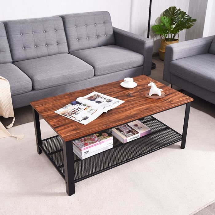 Table Basse Industrielle en Bois+Métal avec 2 Niveaux de Rangement,4 Pieds Ajustables pour Salon 106 x 60 x 45CM Noir
