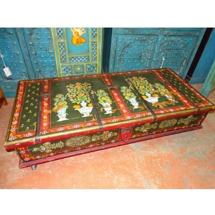 Coffre sur roulettes ou table basse indienne peinte à la main