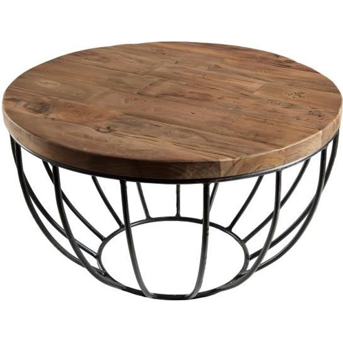 Table basse ronde - En bois teck et métal - Brun - Style industriel - Sur pieds - L 60 x l 60 x H 34,5 cm