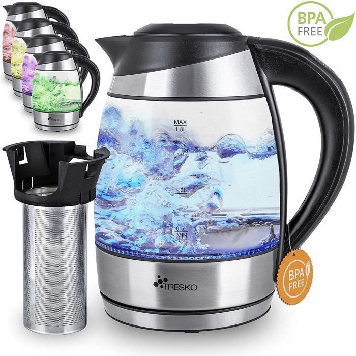 TRESKO Bouilloire électrique en cristal 1.8 L avec infuseur à thé et filtre à eau - Illumination LED - Certification TÜV-Rheinland -