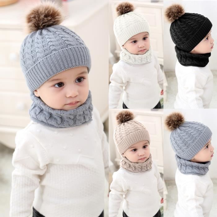 Bonnet Bébé Enfant Chapeau Capuche Laine Tricot Tour de cou Chaud Hiver gris, Écharpe en laine chapeau + bonnet laine à tricoter
