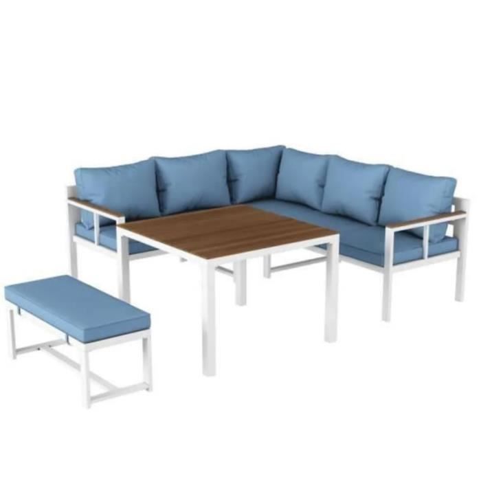 BEAU RIVAGE Salon de jardin SANTIAGO 6 places en aluminium et poly-wood tissu bleu et sa housse de protection