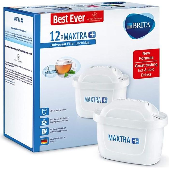 Cartouche filtrante d'eau BRITA Maxtra+, Compatible avec BRITA Cruches - réduit le tartre et le chlore - paquet de 12