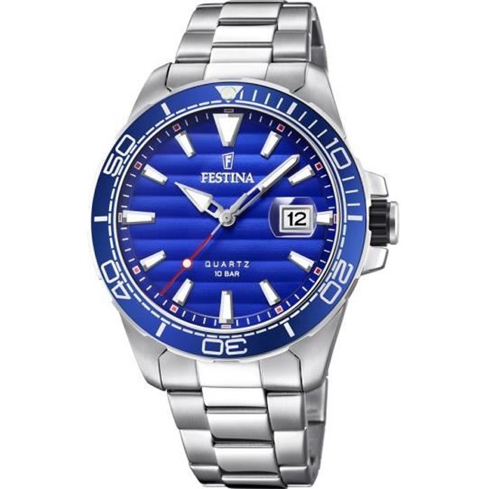 Montre Homme Festina - F20360/1 - Lunette et Cadran Bleus - Bracelet Acier - Dateur Loupe