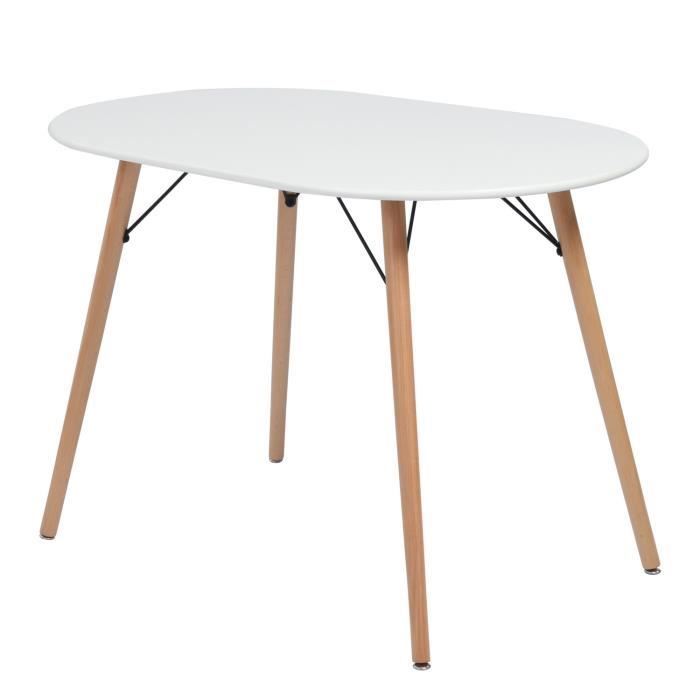 FURNISH1 Table Salle à Manger Ovale - Plateau en fibres de bois Blanc - Pieds en Bois de Hêtre - Style Scandinave - L 110 x P 70 x H