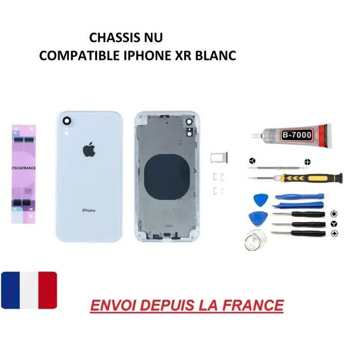 Châssis arrière nu compatible iphone XR BLANC vitre arrière, qualité origine, dos en verre, kit outil tournevis.