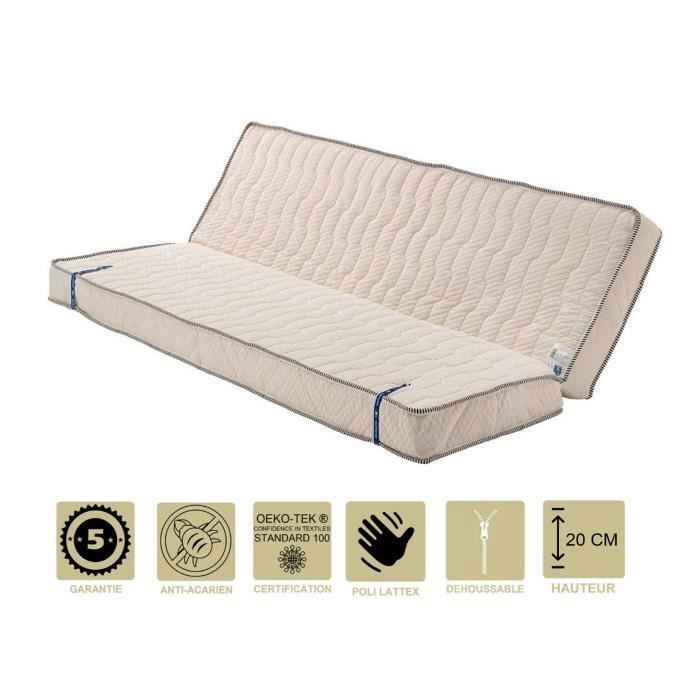 Literie -Matelas Très Ferme Pour Clic Clac 130x190 x 20 cm - Dim Assise 60 cm - 7 zones de Confort - Déhoussable Housse Lavable - N