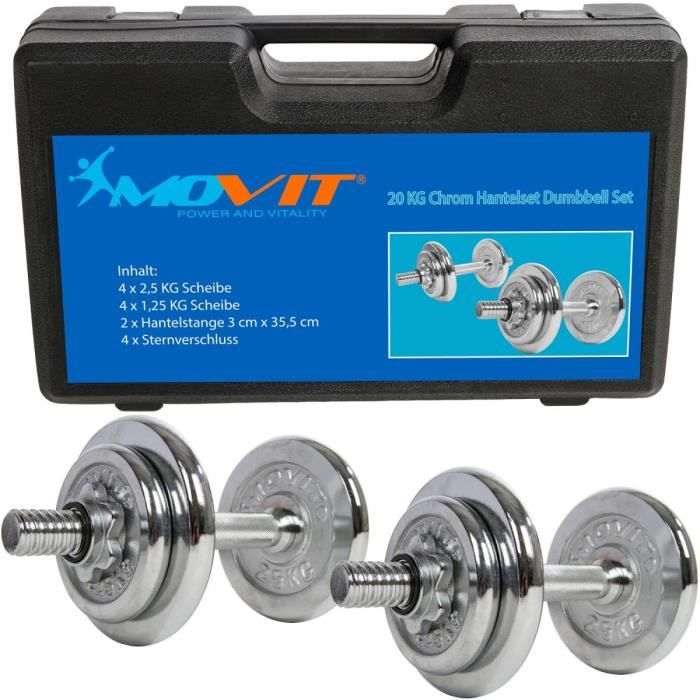 MOVIT Set d'haltères complet chromé 20 kg: 2x haltère avec vis de serrage en étoile et 8 disques d'haltère (4 x 2,5 kg + 4 x 1,25 kg