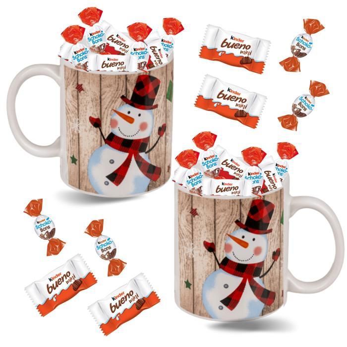 2 Mugs fond bois garnis de 16 chocolats de Noël ,Kinder Bueno et Cémoi