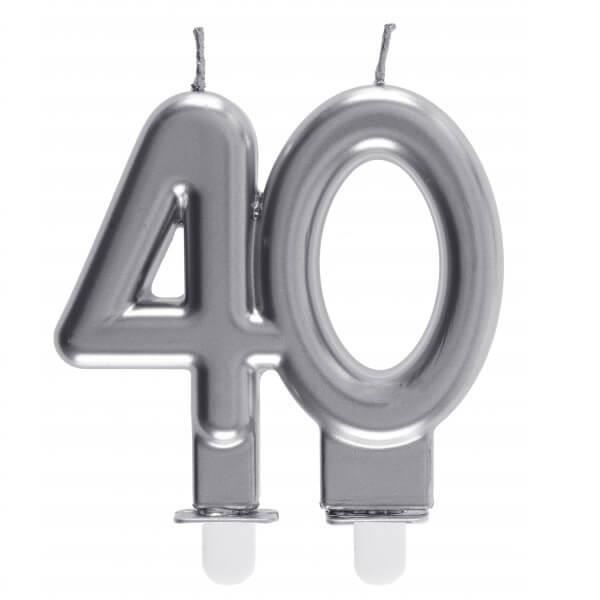 REF/6931 -Décoration gâteau anniversaire avec bougie 40 ans argent métallique (x1)