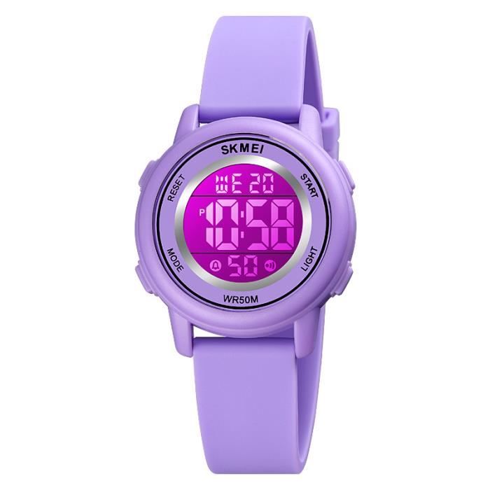 SHARPHY Montre enfant fille LED numérique lumières de fond colorées chronographe bracelet en silicone étanche sport violet mignonne