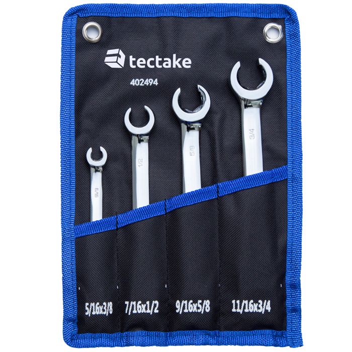 TECTAKE Set de 4 Clés Polygonales Doubles Ouvertes en Acier Chrome Vanadium + 1 Trousse de Rangement 27 cm x 19 cm