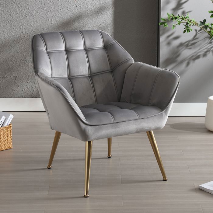 Wahson Fauteuil Salon Moderne 1 Place Fauteuil Velours avec Pied Doré Fauteul Design Salon Rembourré Scandinave Fauteuil Gris