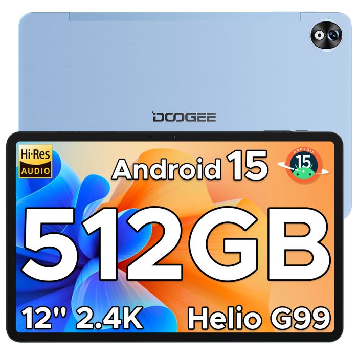 DOOGEE T40 Pro Tablette Tactile 12 pouces 2.4K Grande Batterie 10800mAh -20Go + 512Go Android 15 Tablette PC 4G WIFI+SIM GPS – Bleu