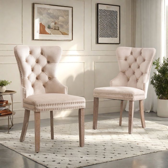 Lot de 2 chaises de salle à manger en velours avec clous en osier chaise beige de bureau style scandinave pour salon chambre