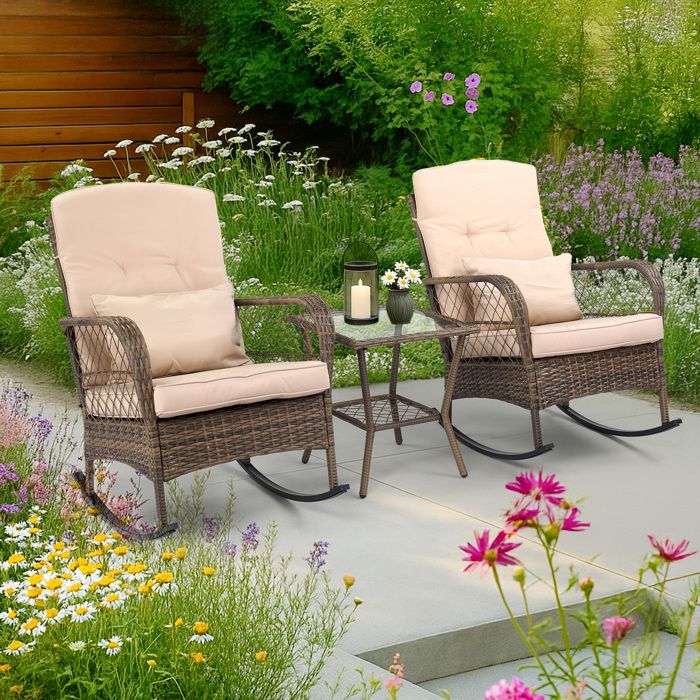 ALIGHTUP - Fauteuil à bascule 2 Pcs salon de jardin en résine tressée avec coussins et table basses - Brun clair ALIGHTUP - Fauteuil à bascule 2 Pcs salon de jardin en résine tressée avec coussins et table basses - Brun clair