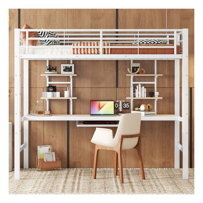 Lit mezzanine 90 x 200 cm avec deux étagères et bureau Lit enfant avec cadre de lit en métal Lit simple en Blanc