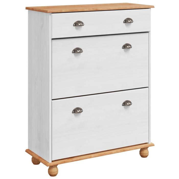 PROMOTION Cabinet à chaussures Meuble de Rangement - ASKIM Blanc 85x35x108 cm - Bois massif pin 61861 - BestMeuble