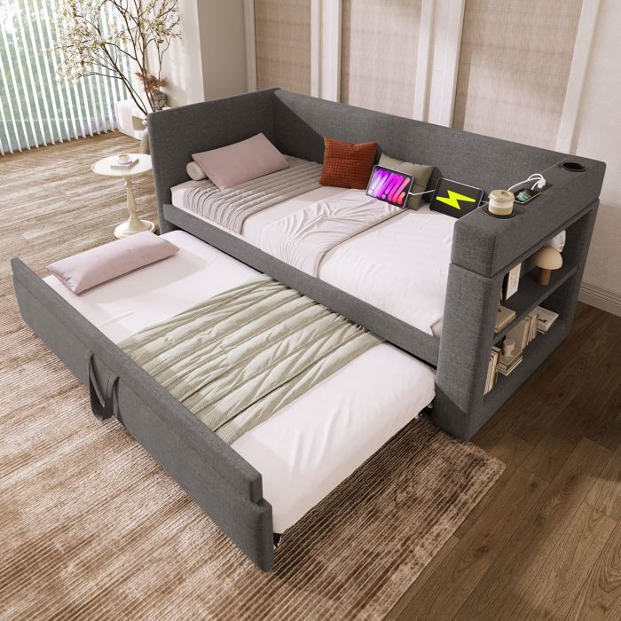 Lit de Jour Canapé-lit 90x200 cm en Tissu Gris avec Lit Gigogne Ports USB & Type-C Porte-Gobelets Sans Matelas Lit de Jour Canapé-lit 90x200 cm en Tissu Gris avec Lit Gigogne Ports USB & Type-C Porte-Gobelets Sans Matelas