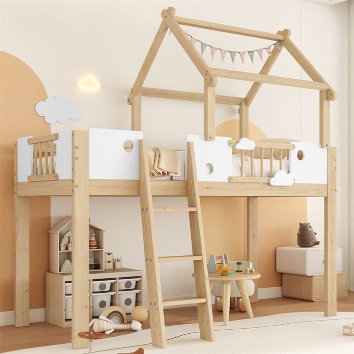 DRIPEX lit mezzanine enfants 90x200cm avec échelle inclinée à trois marchesavec protection anti-chute et barrièresblanc+naturel